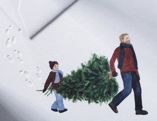 Winterkarte Spuren im Schnee - Vater und Sohn
