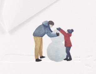 Winterkarte Spuren im Schnee - Schneemannbau